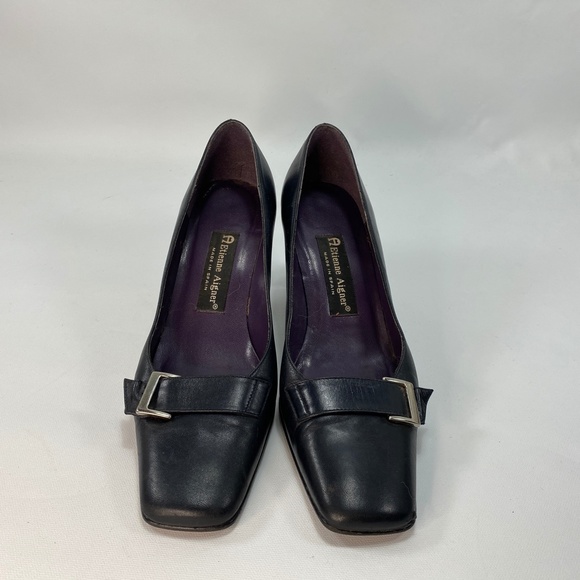 Aetienne Aigner Leather Cuddles Black Heels Pumps Square Toes Silver Buckle 8 M - Picture 3 of 9